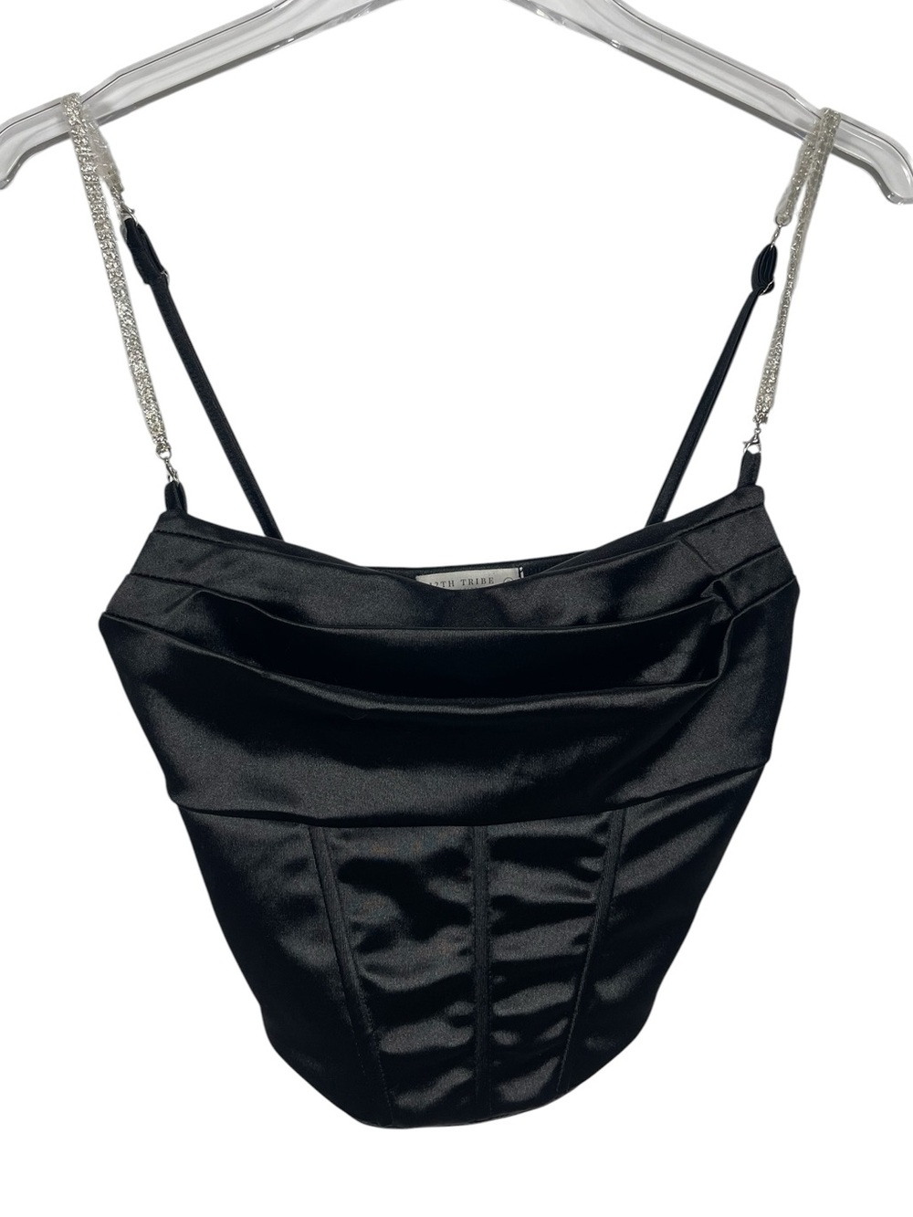 12th Tribe Black Satin Corset Top Rhinestone Straps Size Small NWOT